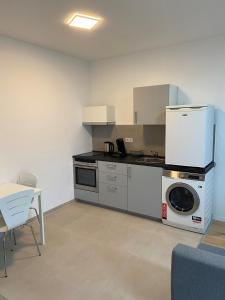 尼尔廷根Wohnung in Nürtingen的厨房配有洗衣机和洗衣机。