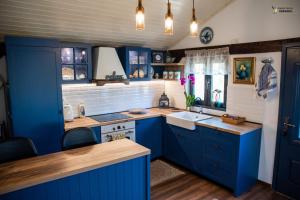 图尔恰Pensiunea Casa Varvara的厨房配有蓝色橱柜和水槽