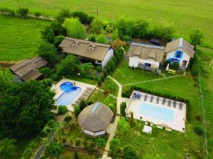 图尔恰Pensiunea Casa Varvara的享有带游泳池的房屋的空中景致