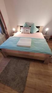 OberbürenOmi's Nest, für klein und gross的一间卧室配有一张大床,提供蓝色的床单和枕头