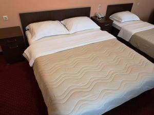贝尔格莱德雅莉格丝酒店的酒店客房,配有两张带白色床单的床