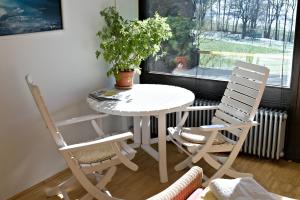 波彭豪森Bio-Gästehaus Rhöndistel的一张带两把椅子的白色桌子和盆栽植物