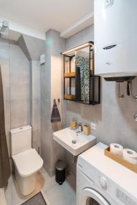 下米拉诺瓦茨Harmony apartman的一间带卫生间和水槽的小浴室