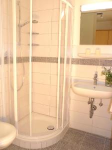 斯卢德尔诺B & B Apartments Ortlerblick的带淋浴和盥洗盆的浴室