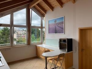 罗森海姆City Dachterassenwohnung的厨房设有窗户和带微波炉的桌子。