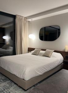 戛纳Palm croisette front de mer1的一间卧室配有一张大床和镜子