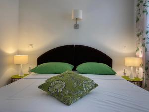 扎达尔秘密花园旅馆的一间卧室配有一张带绿色枕头的床和两盏灯。