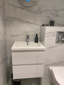 博里霍尔姆Casa Annie & Nadja - Toppmodernt centralt i Borgholm的白色的浴室设有水槽和卫生间。