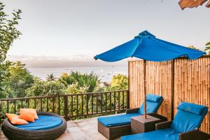 蓝梦岛马尼斯别墅酒店的庭院配有两把椅子和一把遮阳伞
