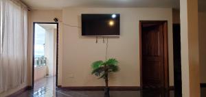 昆卡Departamento en Cuenca, 3 Habitaciones y parqueo gratis的一间墙上有电视的房间,种植了植物