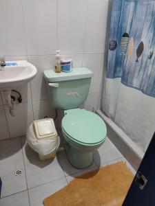阿约拉港Mí oficina的浴室设有蓝色的卫生间和水槽。
