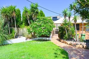 GorokanLakeside Luxury的棕榈树和草地庭院的房子