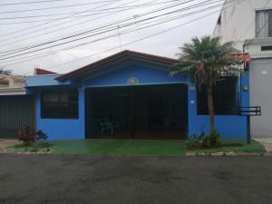 阿拉胡埃拉Apartamento Sol Azul a 3 min del Aeropuerto SJO的前面有棕榈树的蓝色房子