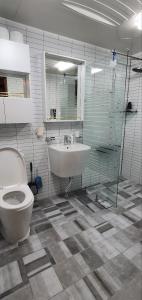 木浦市Yachtie Inn Mokpo的浴室配有卫生间、盥洗盆和淋浴。