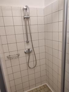 奥洛穆茨加尼贝斯特酒店的白色瓷砖浴室内带软管的淋浴