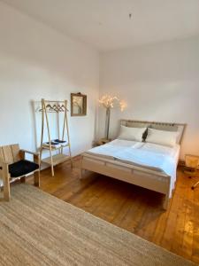 奥尔登堡Kläve12 Guesthouse的一间卧室配有一张床和一把椅子