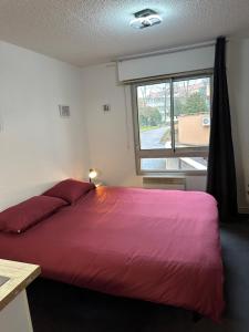 帕雷·勒·毛尼尔Les Logis de Paray Appartement n1的卧室设有红色大床和窗户。