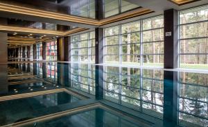 德鲁斯基宁凯MEDEA Apartments by UPA的客房设有游泳池和大窗户。