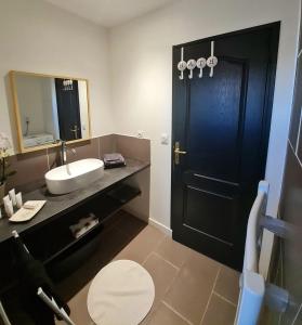 艾格-莫尔特Le Repaire du Soleil的浴室设有黑色的门和水槽。