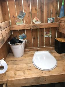 尼斯La lodge vue mer的木制浴室设有卫生间和桶