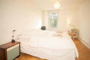 巴塞尔Spacious apartment next to park with free BaselCard的卧室设有一张白色大床和一扇窗户。