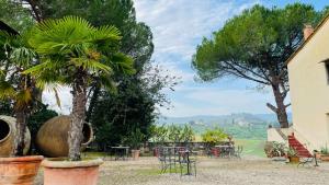 基安蒂格雷夫Corte Di Valle的花园设有桌椅和一棵树