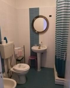 帕苏迪阿尔库什Casa de Praia的一间带卫生间、水槽和镜子的浴室