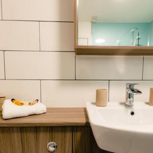 安斯特拉瑟May Isle Apartment的一间带水槽、镜子和毛巾的浴室