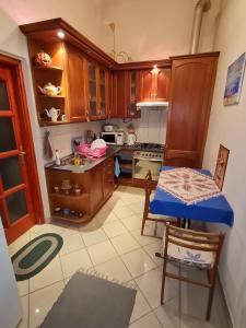 布达佩斯Weiner Downtown Apartment的厨房配有木制橱柜和桌子。
