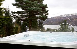 MorenishLOCH TAY HIGHLAND LODGES and GLAMPING PARK的一个带树木和湖泊的按摩浴缸