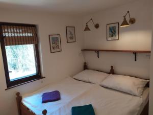 耶什赫维采Edmundova chata的一间卧室配有带两个枕头的床和窗户