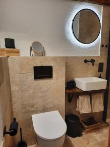 纽伦堡附近阿尔特多夫BACHMEIERs Stüber'l的一间带卫生间、水槽和镜子的浴室