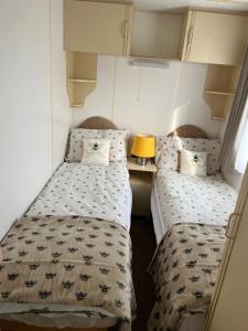 赫姆斯比the Samanda Van Newport caravan park的配有灯的小客房内的两张床