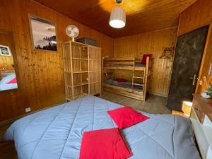 MontminMagnifique T3 entre lac et montagne près d'Annecy的一间卧室配有一张大床和两张双层床。
