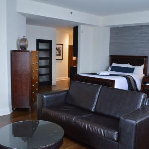 尼亚加拉瀑布斯特林旅馆及水疗中心的客厅配有沙发和1张床