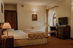 Kwilcz欧兰迪亚酒店的一间卧室配有一张床、一张书桌和一台电视