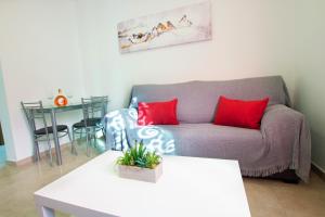 拉拉古纳F&M 'con terraza y tranquilidad'的客厅配有带红色枕头的灰色沙发