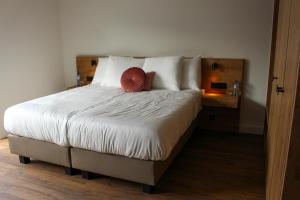 WestmalleDe Kasteelhoeve的一间卧室配有一张红色枕头的床