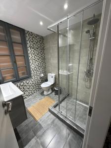 雅典ROH Suites的一间带玻璃淋浴和卫生间的浴室