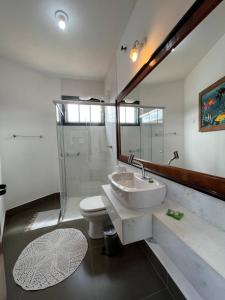 蒂拉登特斯Cama e Café Tiradentes的一间带水槽、卫生间和淋浴的浴室