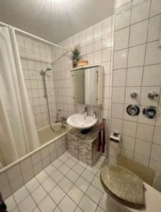 纽伦堡Complete Apartment peacefully situated near the Airport Nürnberg的白色的浴室设有水槽和淋浴。