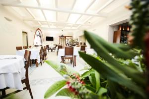 蒙塔尔托迪卡斯特罗HOTEL VULCI的一间设有白色桌椅的餐厅,种植了植物