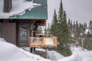 苏必利尔湖RCNT Chalets Mont-Tremblant的雪中小屋,带绿色屋顶