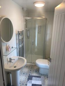 米尔福德Baxters Apartments的带淋浴、盥洗盆和卫生间的浴室