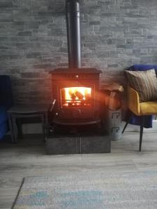 贝尔马利特Glenhill - Newly renovated in a unique location的客厅配有燃木炉,配有沙发