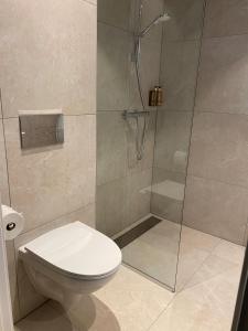 龙南龙南酒店 的一间带卫生间和玻璃淋浴间的浴室