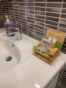 博洛尼亚L.ADY HOME的浴室水槽,配有肥皂和化妆品托盘
