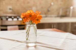 贡萨尔维斯Chalés Vale da Lua的摆在桌子上的花瓶,上面装满了橙花