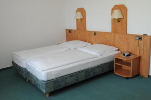 沃尔夫斯堡爱特多富茹穆凯纳酒店的一间卧室配有一张大床和木制床头板
