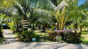AgpudlosFootprints Beach Resort的棕榈树和标志的休闲花园